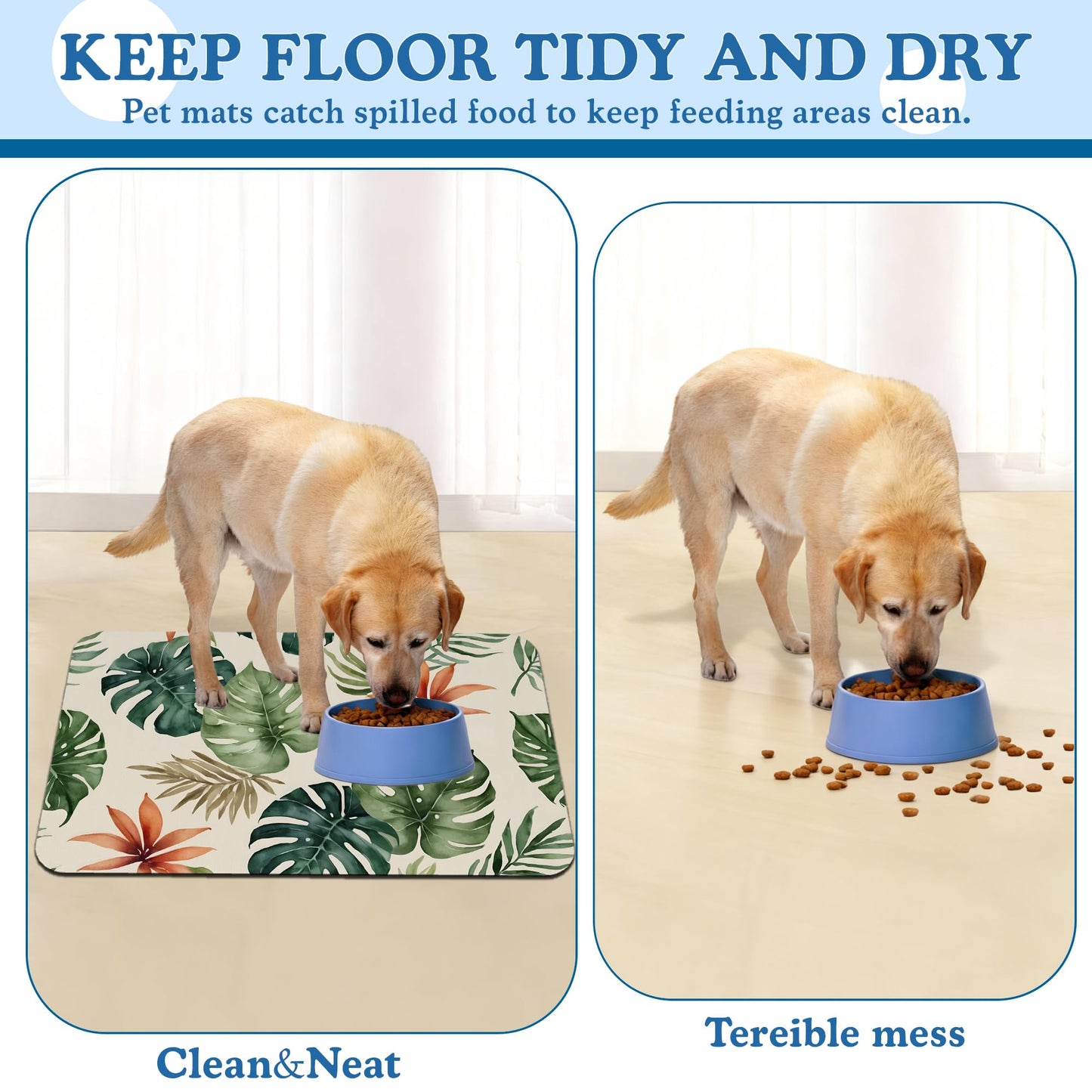 Boho Tropical Palm Pet Feeding Mat–Quick Dry Absorbent Dog Cat Food Mat, Non Slip Waterproof Bowl Placemat for Messy Eaters, Pet Accessories for Floors 12"x20"