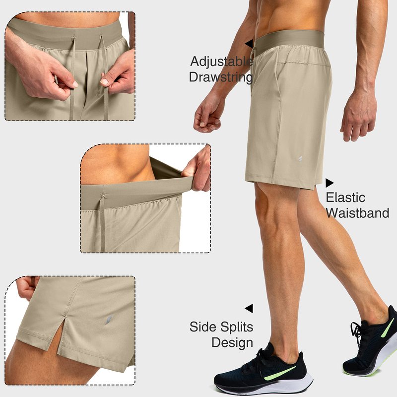 Soothfeel Men's Running Shorts with Zipper Pockets 7 Inch Lightweight Quick Dry Gym Athletic Workout Shorts for Men (Khaki, XS)