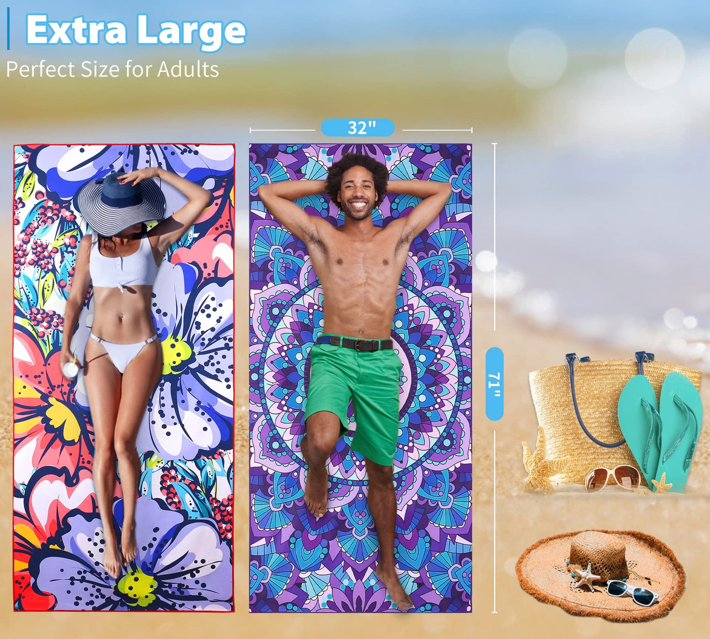 4 Pack Microfiber Oversized Lightweight Beach Towel 71"x32" XL Extra Large Thin Sand Free Towels Travel Swim Pool Yoga Gym Camping for Adults Women Men Beach Essentials Accessories Vacation Gift