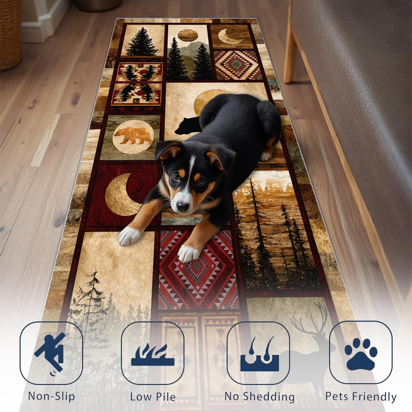 Reocahoo Rustic Cabin Runner Rug 2x6ft, Lodge Bear Deer Rug Runner, Southwestern Wildlife Rugs, Soft Low Pile Kitchen Mats for Floor - Retro Country Style Home Decor