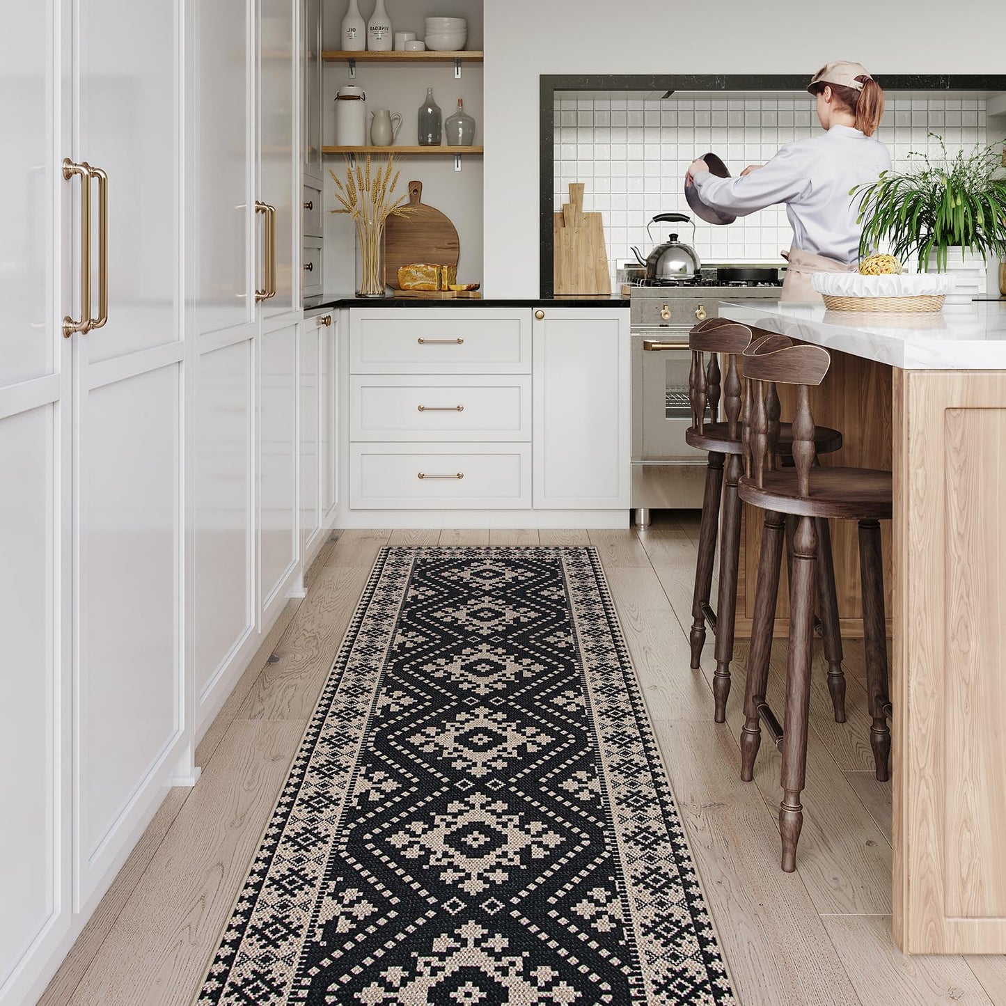 Lahome Bijou Moroccan Easy Jute Outdoor Runner Rug, 2x8 Washable Black Hallway Kitchen Runner Rug with Rubber Backing, Farmhouse Indoor Outdoor Carpet for Hallway 8ft Entryway Porch