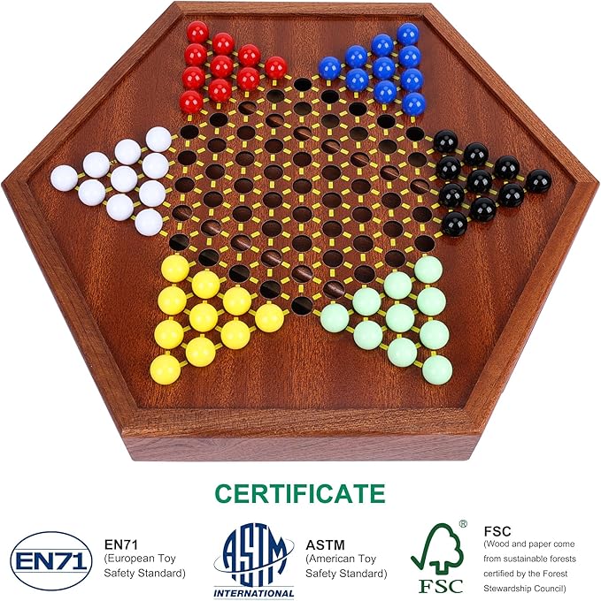 Wooden Chinese Checkers Set with Storage Drawer 13 inches Upgraded Version Game Board 60+12 Acrylic Marbles in 6 Colors Classic Strategy Games for Adults and Kids Fun for Family Gathering