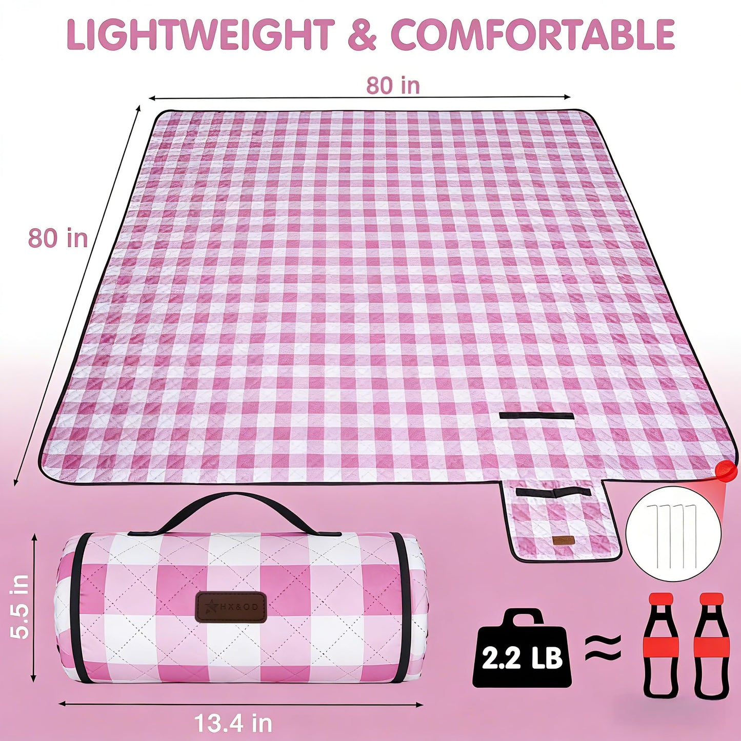 HX&OD Outdoor Picnic Blanket, Extra Large, 80''x80'' Waterproof Foldable Blankets Gingham Picnic Mat for Beach, Camping Grass Lawn Park Accessories Cute Couple Ideas Wedding (Pink, 80”x80”)