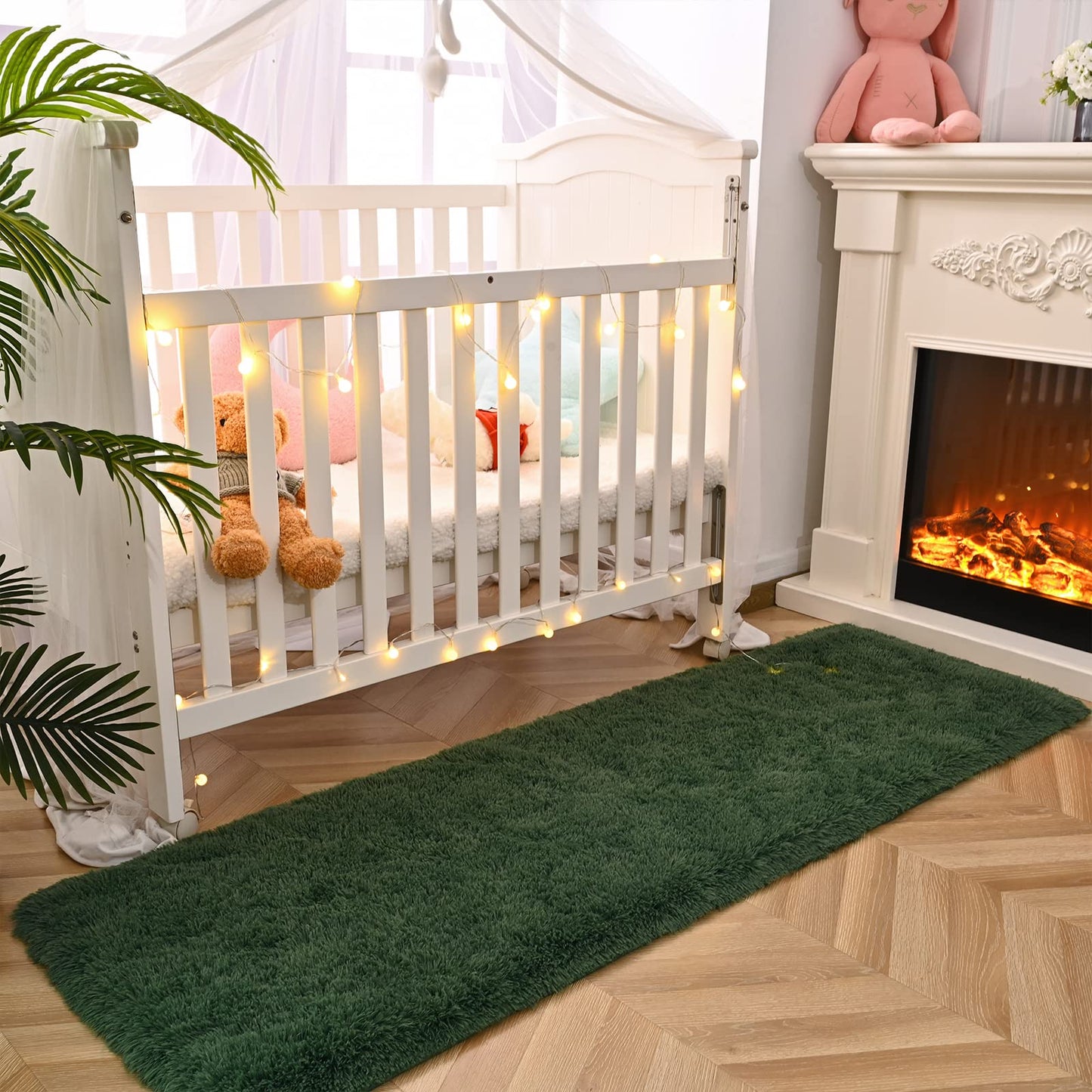 DweIke Fluffy Dark Green Runner Rugs for Bedroom, 2x6 Feet Soft Plush Long Runners for Girls Boys Kids, Non-Slip and Machine Washable Bedside Rug, Small Throw Carpet for Hallway Rooms Decor