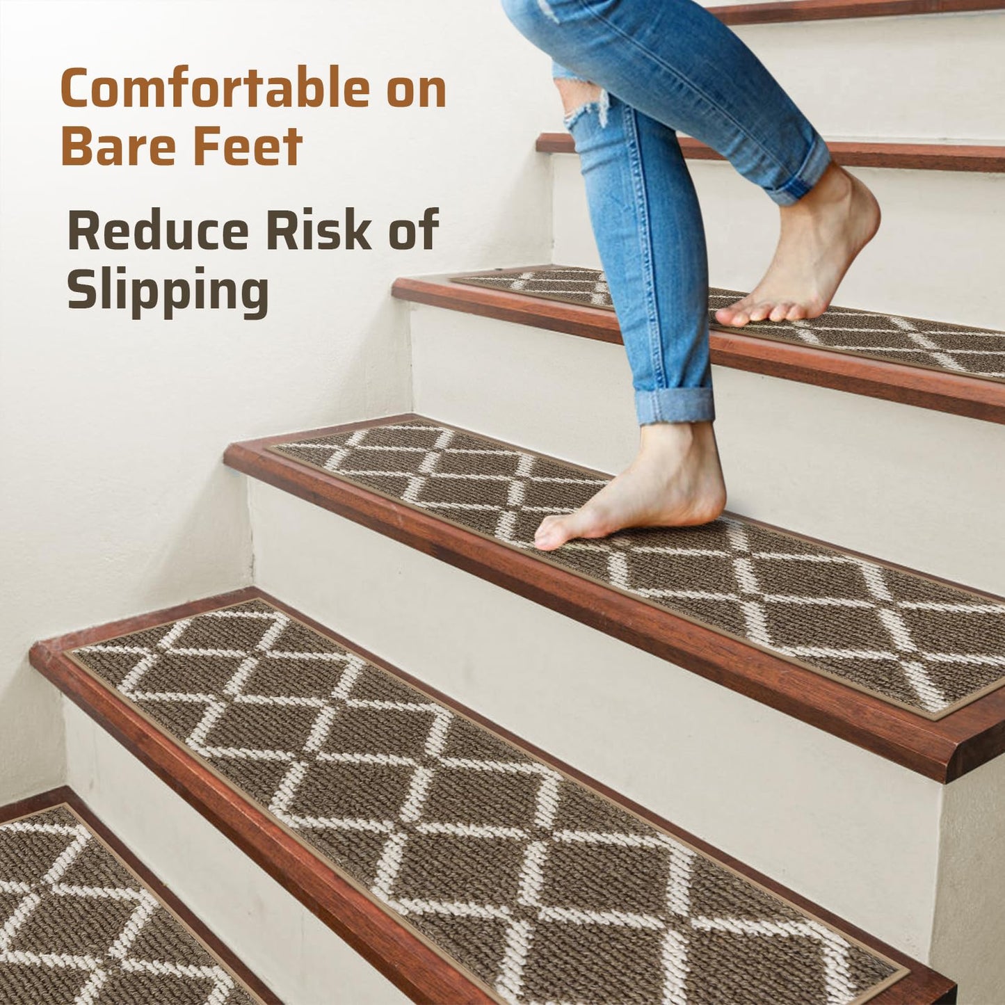 CrystalMX Stair Treads Non Slip for Wooden Steps Indoor, 15 Pack 8" X 30" Carpet Runners for Wood Stairs with Self-Adhesive Backing, Stickiness Stair Rugs for Kids Elders and Dogs, Square Brown