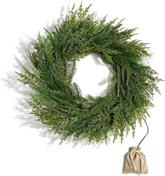 LampLust Winter Wreaths for Front Door Outside, 24 Inch Alpine Fir, Hemlock & Cypress Evergreen Wreath, 100 LED Lights, Battery Powered, Timer, Farmhouse Wreath Year Round, Winter Wreaths for Indoors