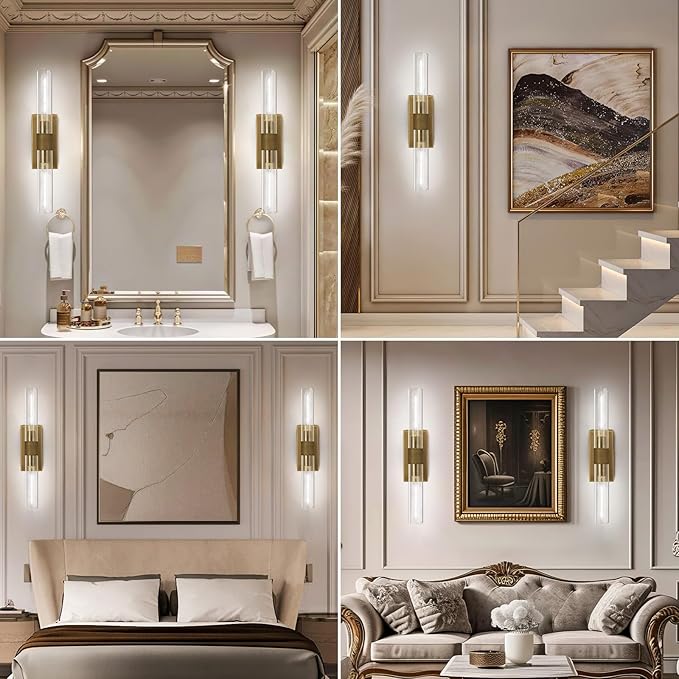 Brass Wall Sconces, 22.8" Bathroom Light Fixtures, Gold Wall Sconces Set of 2, 2-Light Dimmable Wall Sconce with Glass, Modern Vanity Light Up and Down Wall Lighting for Living Room Hallway