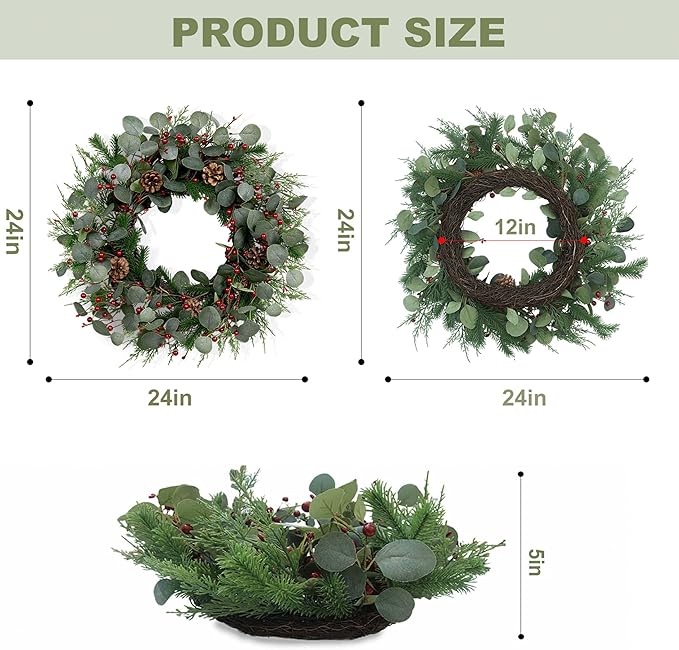 Christmas Wreath 24inch Christmas Wreaths for Front Door Xmas Red Berry Wreath with Eucalyptus Leaves Pine Cones Red Berries for Wall Window Indoor Outdoor Winter Decorations