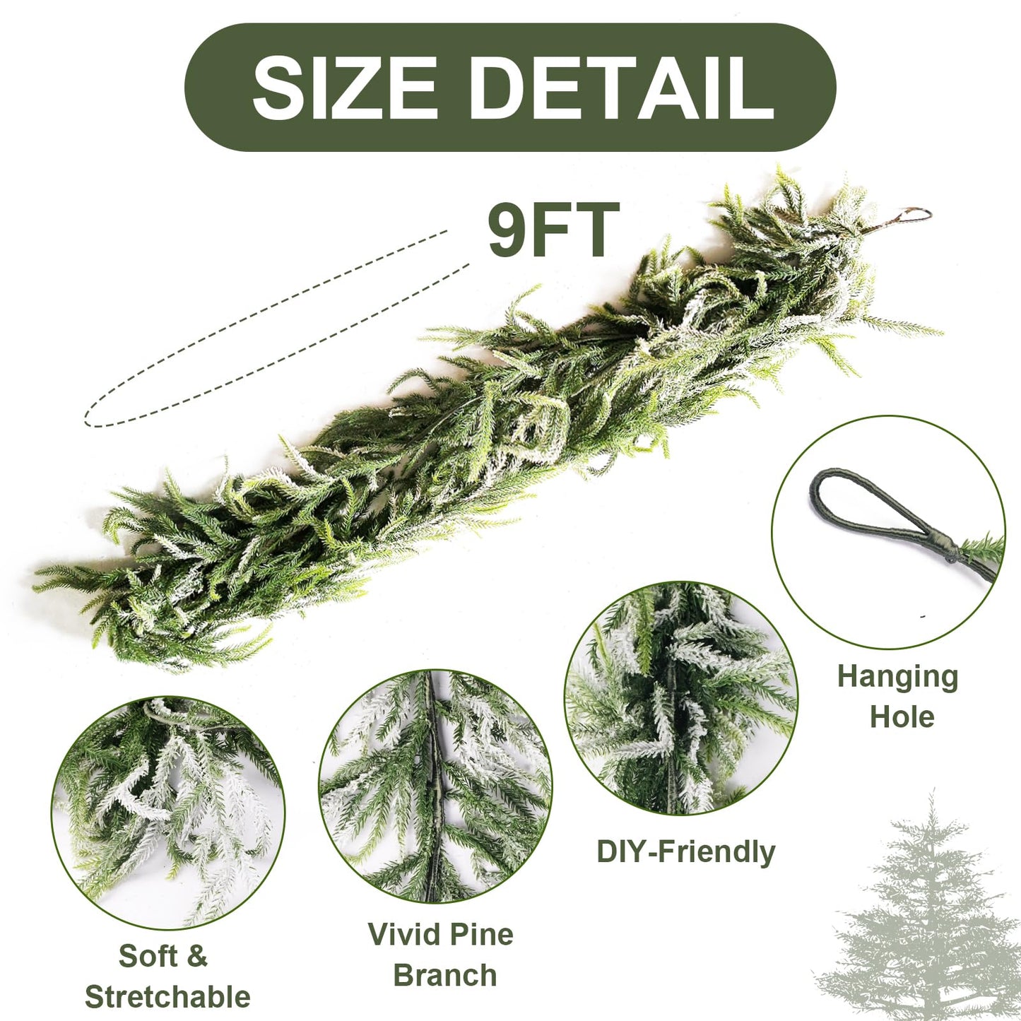 9FT Christmas Garlands Norfolk Pine Garland, Real Touch Artificial Winter Pine Garland, Green Artificial Greenery Garlands with Snowflake for Wall, Mantle, Table, Indoor, Outdoor Christmas Decorations