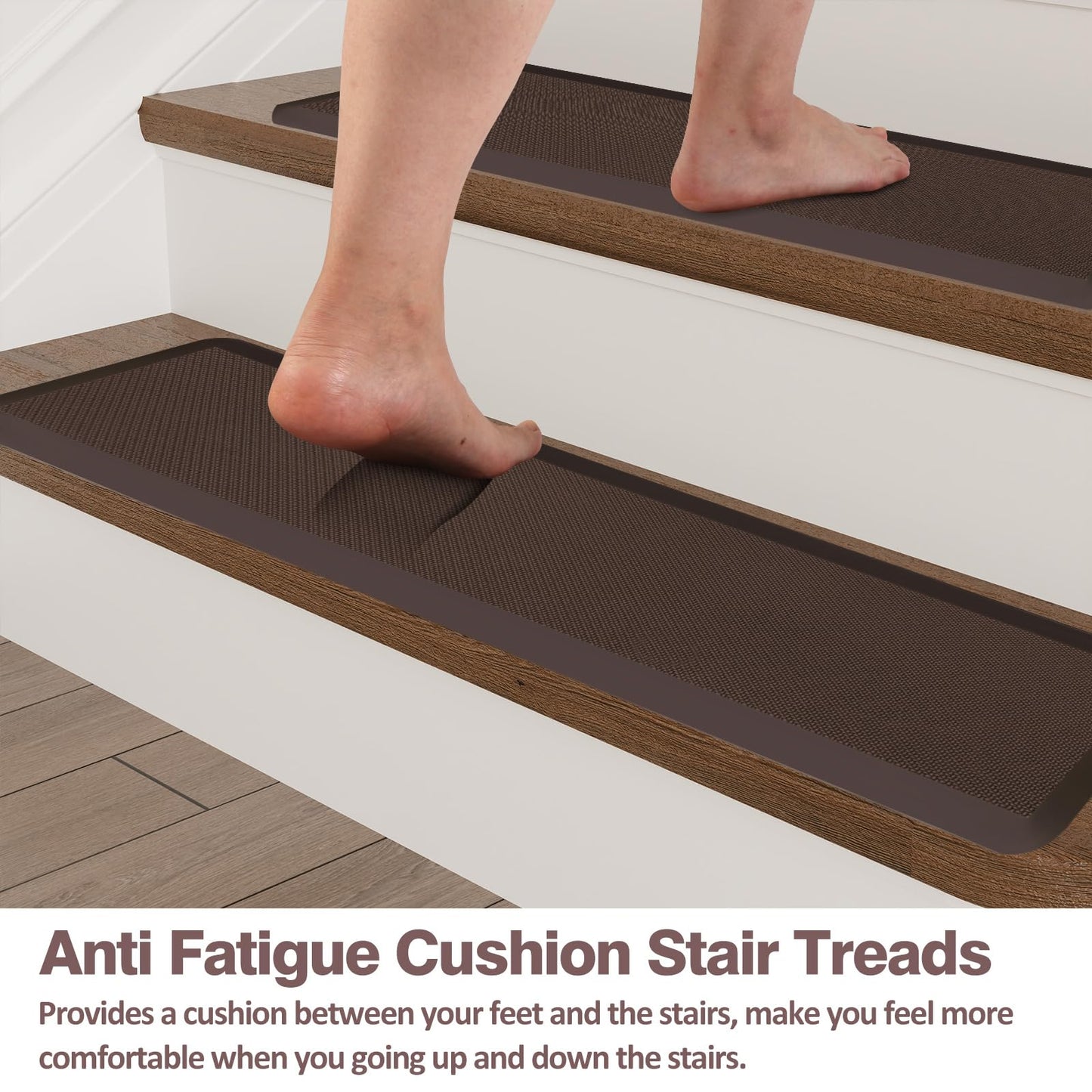 PURE ERA Cushioned Stair Mat, 8 x 30 Inch Non-Slip Stair Treads, Staircase Step Treads Foam Stair Pads, Tape Free Durable Stair Treads for Wooden Steps Washable, Easy to Clean (6 Pieces, Brown)