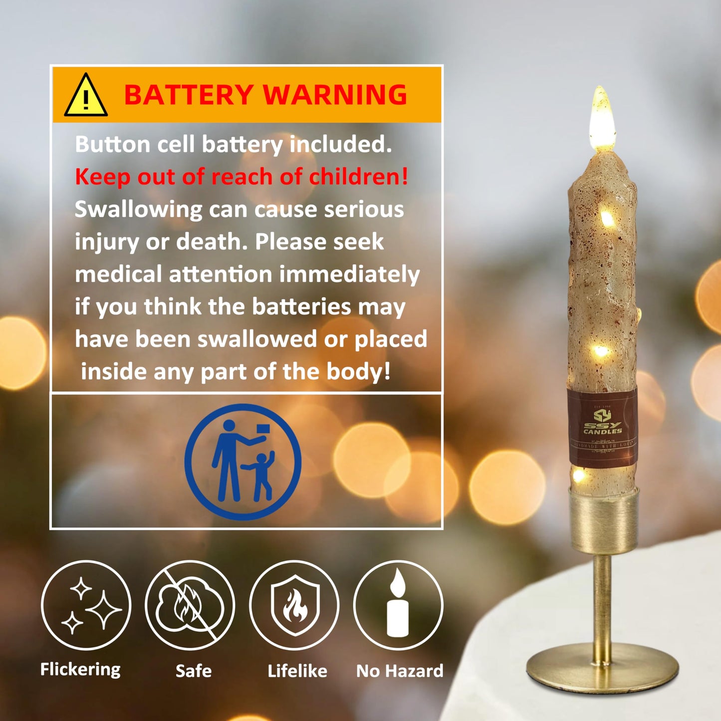 6.5 inch Natural Wood Color Flameless Taper Candles LED Flickering with 10-Key Remote, Battery Operated Led Warm 3D Wick Light Window Candles Real Wax Pack of 4, Christmas Home Wedding Decor