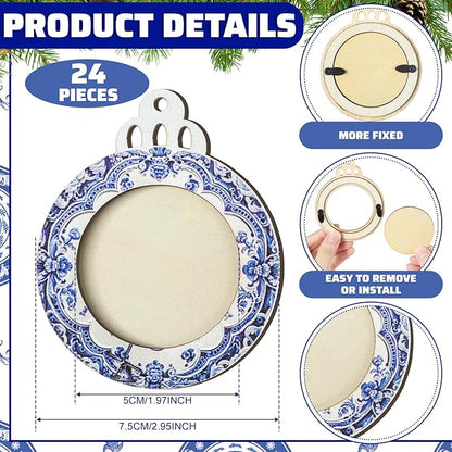 Blulu 24 Pcs Christmas Pictures Frame Ornaments Bulk Blue and White Chinoiserie Photo Frames Ornaments Wooden Blue Christmas to Put Pictures in Stocking Stuffers