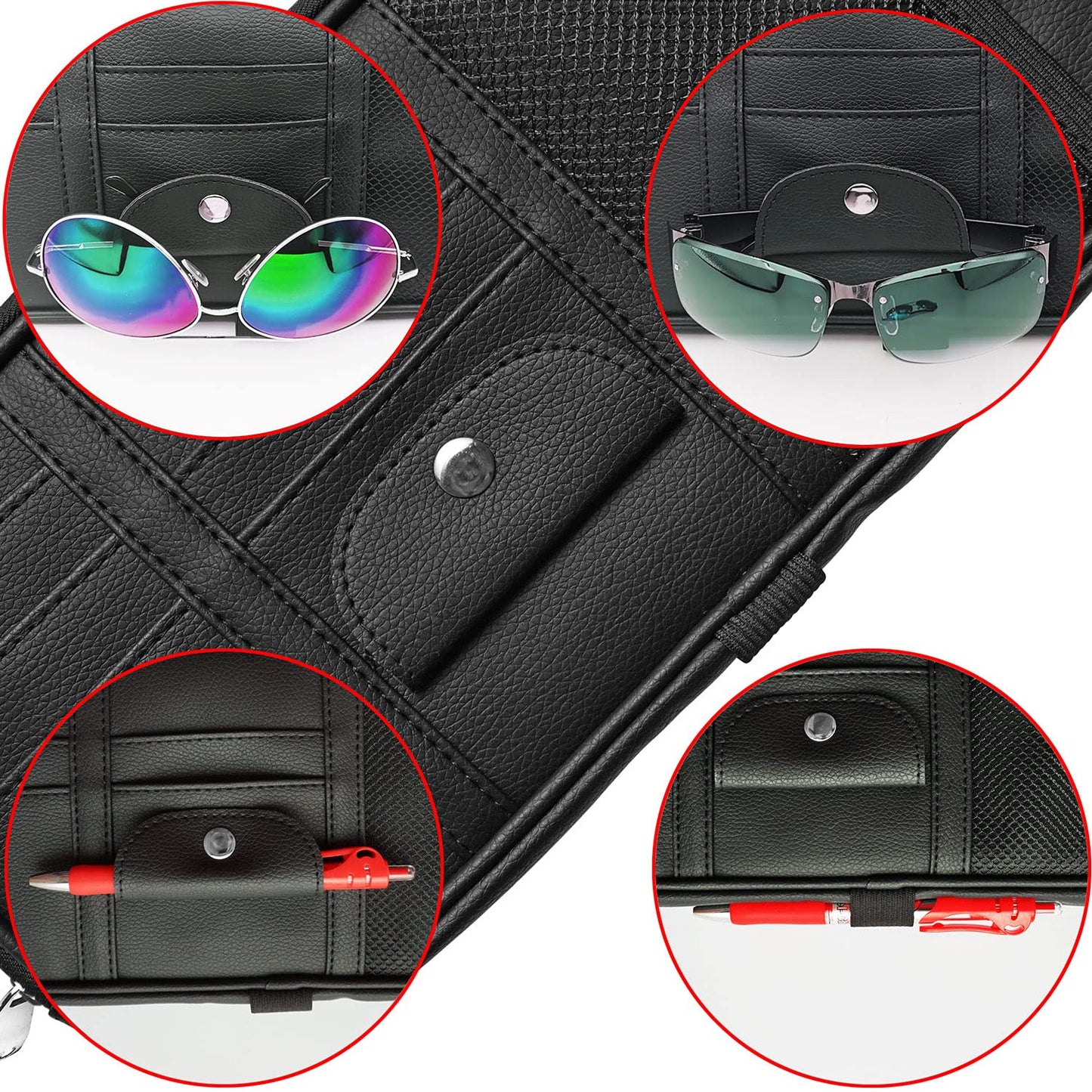 Qitdathn Car Sun Visor Organier Truck SUV Sun Visor Storage Pocket Pouch Holder, Multi-Pocket PU Leather with Zipper Net, for Cards Pens Sunglasses Document (Black)