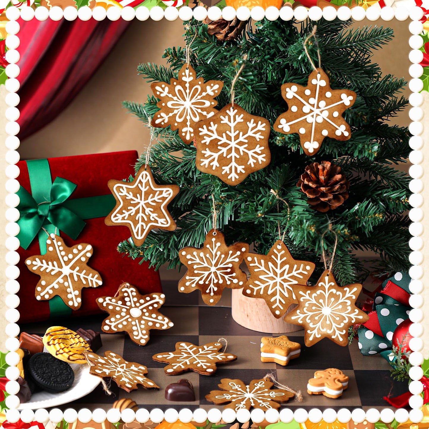 Quzzil 36 Pcs Christmas Gingerbread Ornaments for Tree Mini Snowflake Wooden Hanging Winter Xmas Ornaments with Ropes for Christmas Party Holiday Winter Crafts