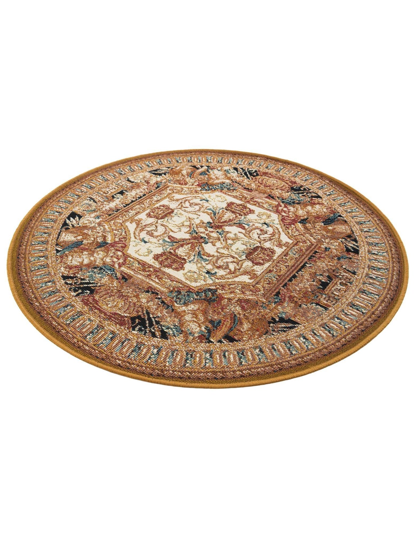 Rugs.com - Outdoor Traditional Rug – 3 Ft Round Black Gold Brown Indoor/Outdoor Rug – Weather-Resistant Flatweave for Patio, Deck, and Porch