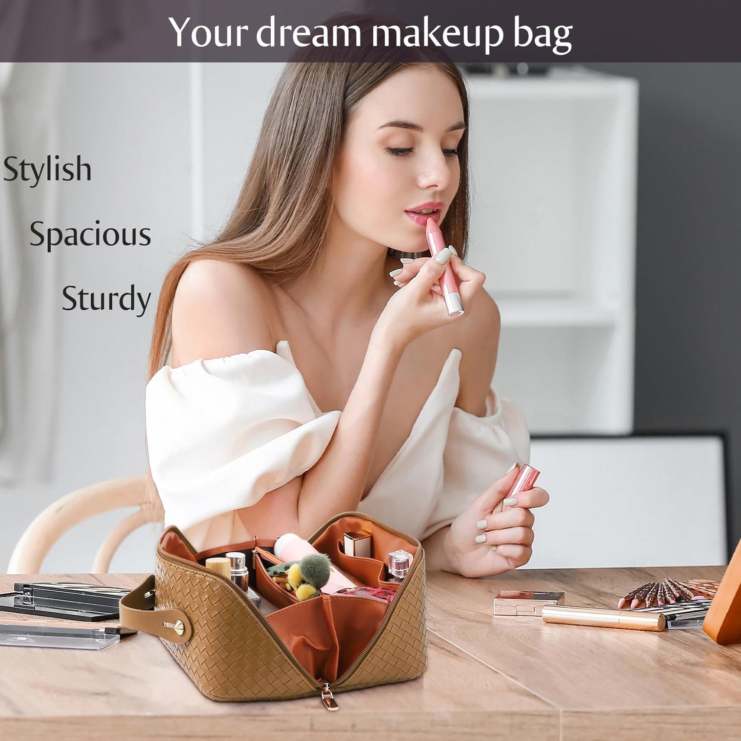 Large Capacity Travel Cosmetic Bag - PU Leather Makeup Organizer Bag Portable Woven Makeup Bags for Women Waterproof Travel Toiletry Bag with Divider Pouch, Brown