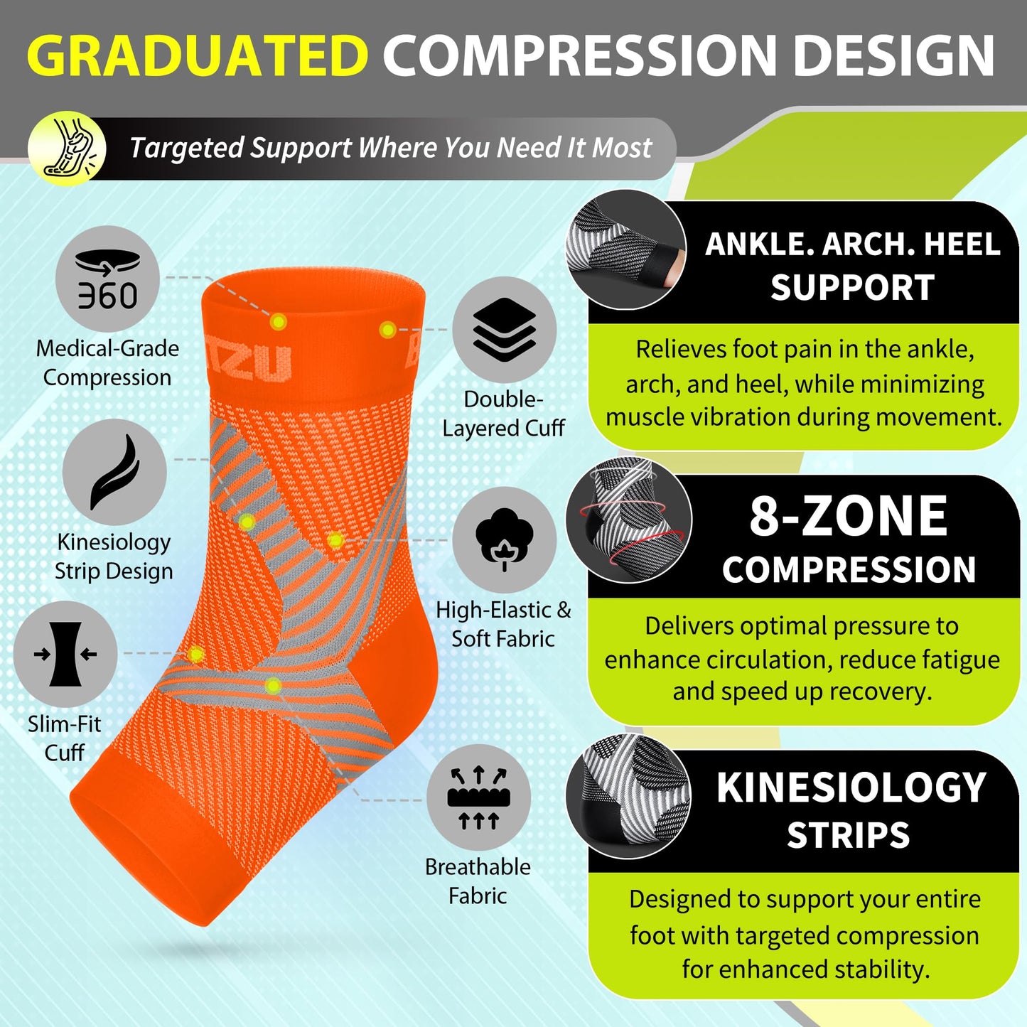 Compression Socks for Plantar Fasciitis, Achilles Tendonitis, Arthritis Relief, Ankle Brace Compression Sleeve with Foot Arch Support, Ankle Wrap for Women, Men, Swelling & Heel Pain Orange L-XL