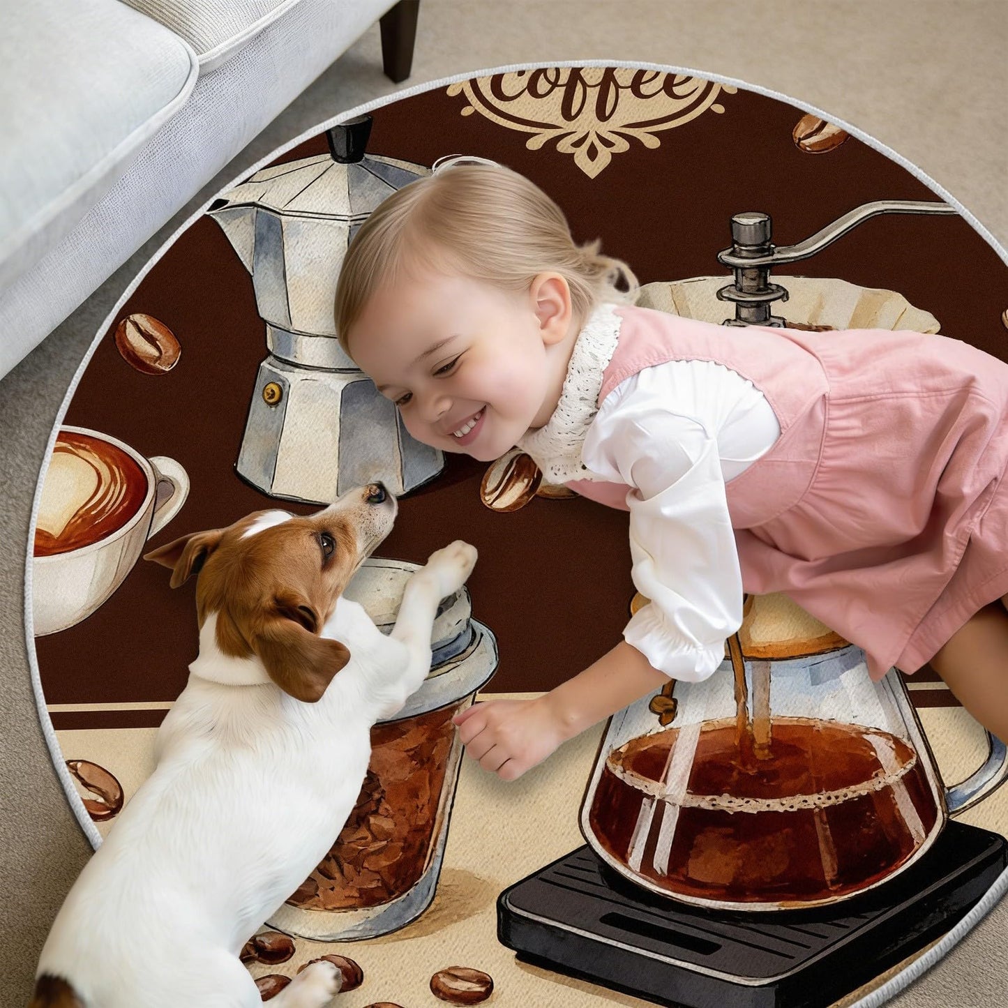 Egljss 4ft Round Rug, Coffee Bean Circle Area Rug for Living Room, Brown Round Carpet for Bedroom, Coffee Cup Circle Washable Rugs for Dining Table, Rugs Non Slip Kitchen