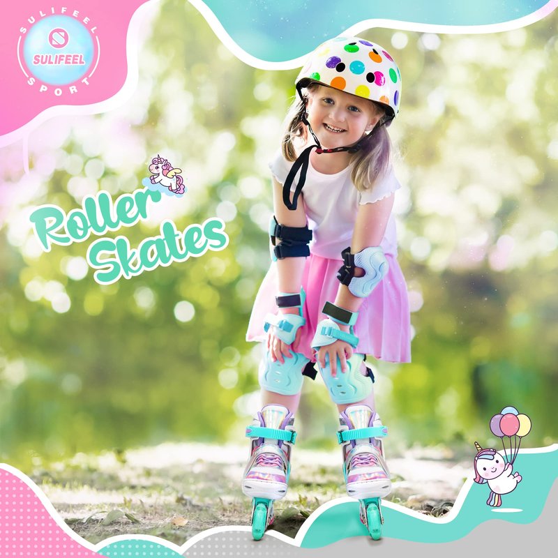 SULIFEEL Rainbow Unicorn Adjustable Inline Skates for Girls Boys and Kids with All Illuminating PU Wheels for Outdoor and Indoor Beginner Skates Medium