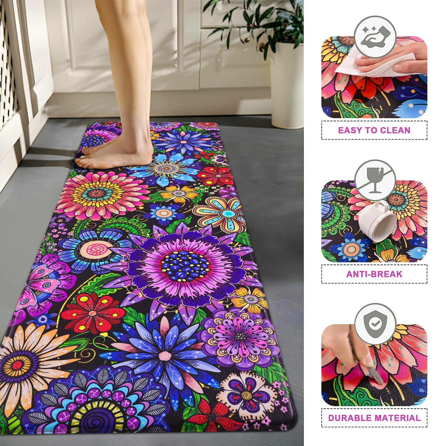 Likiyol Boho Kitchen Rugs Boho Floral Anti Fatigue Kitchen Mat for Floor Bohemian Flowers Non Slip Washable Kitchen Floor Mats, Comfort Standing Mat for Sink, Laundry, 18''x48'', 0.47" Th, Purple