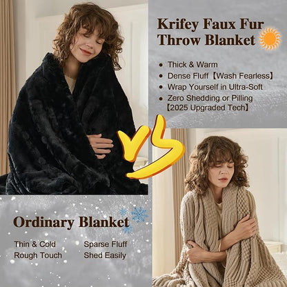 Krifey Black Faux Fur Throw Blanket for Couch Bed, 3D Marble Texture Soft Throws, Cozy Fuzzy Plush Thick Warm Blanket, Faux Rabbit Fleece, Christmas Birthday Gifts for Men Dad, Cool Black, 50x60in