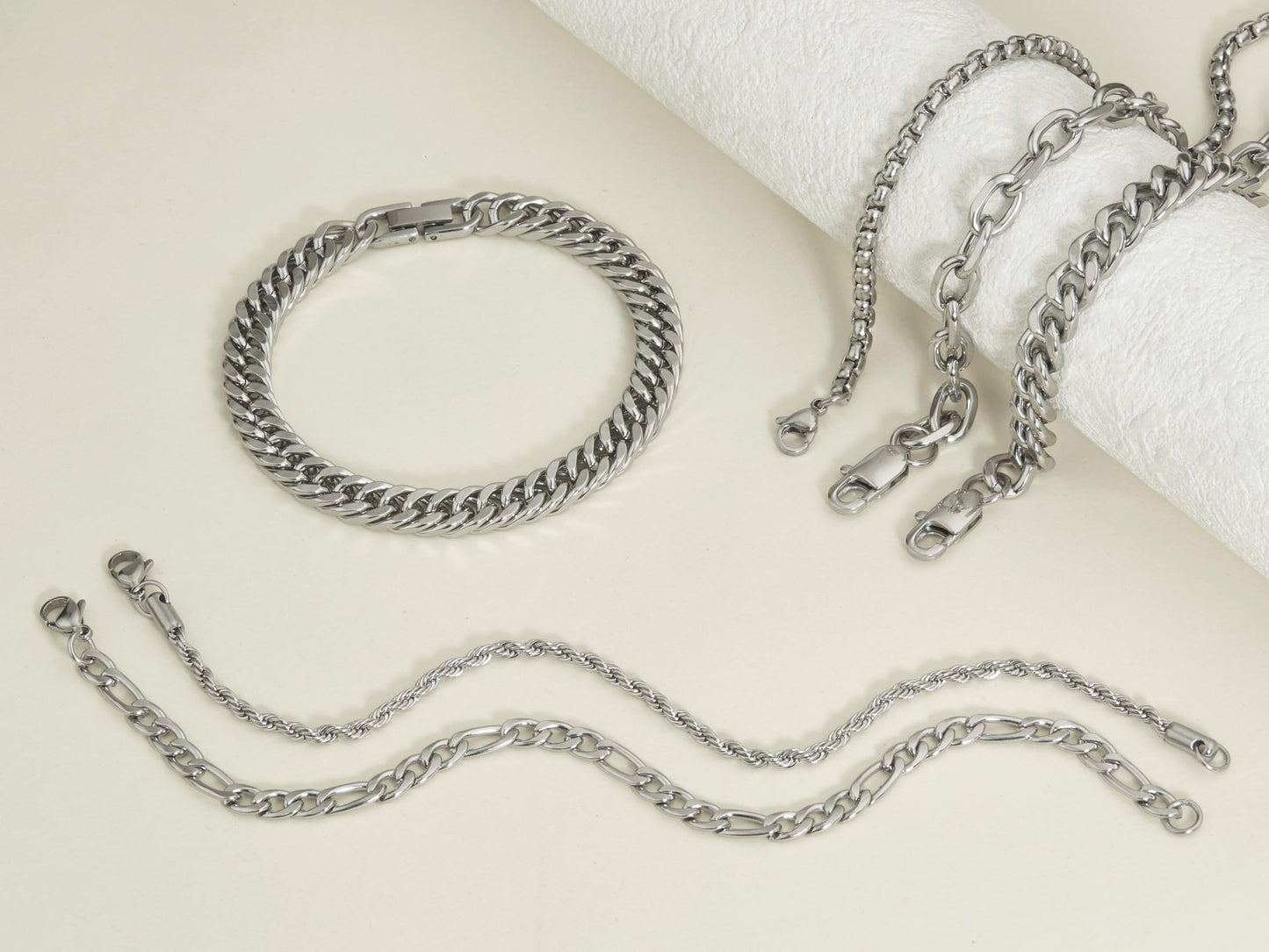 XIANNVXI 6 Pcs Silver Bracelets for Men Women Stainless Steel Bracelet Cuban Chain Metal Link Rope Bracelet Set 7.5 Inches