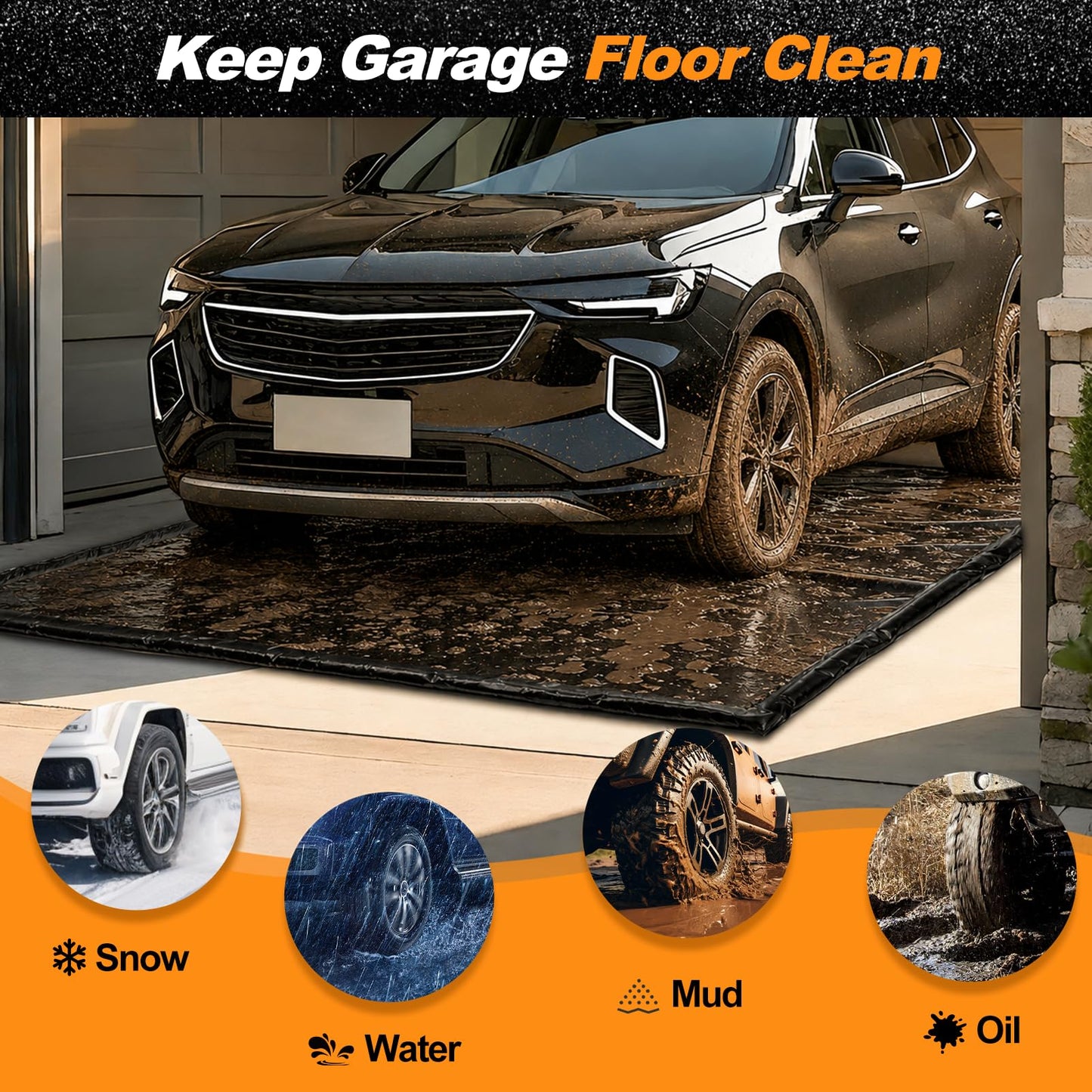 UEAKPIC Garage Floor Mat 7'9" x 18', Heavy Duty 1300D PVC Containment Mat with Floor Squeegee, Waterproof Protection from Snow, Rain and Mud for Cars, Black