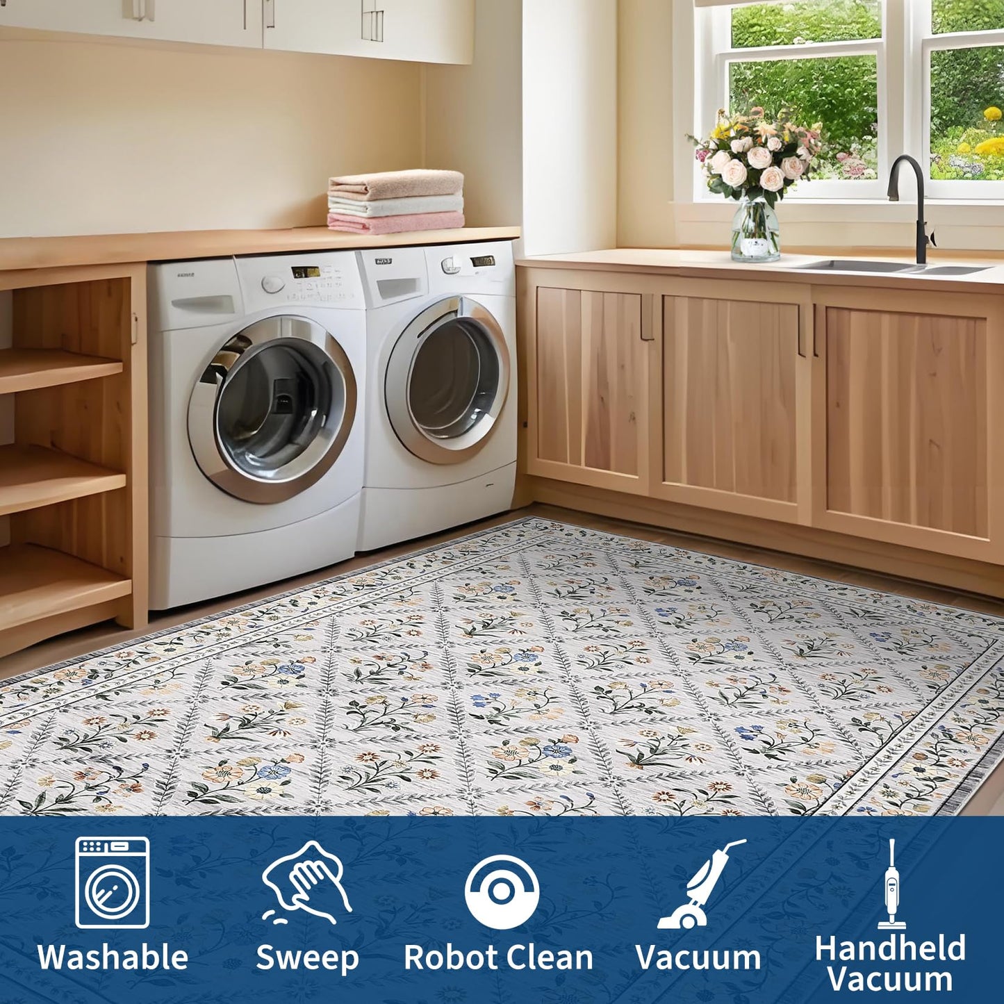 GarveeHome Living Room Rug 5x7 Rug Machine Washable Stain Resistant Area Rug Non Slip Floral Vintage Low Pile Rugs for Living Room, Bedroom, Farmhouse, Dining Room, Kids PlayroomGrey Beige