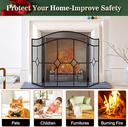 FEED GARDEN 3 Panel Fireplace Screen Wrought Iron 48" W x 30" H Foldable Heavy Duty Fire Spark Guard Cover with Metal Decorative Mesh for Living Room, Home Decor Indoor, Black