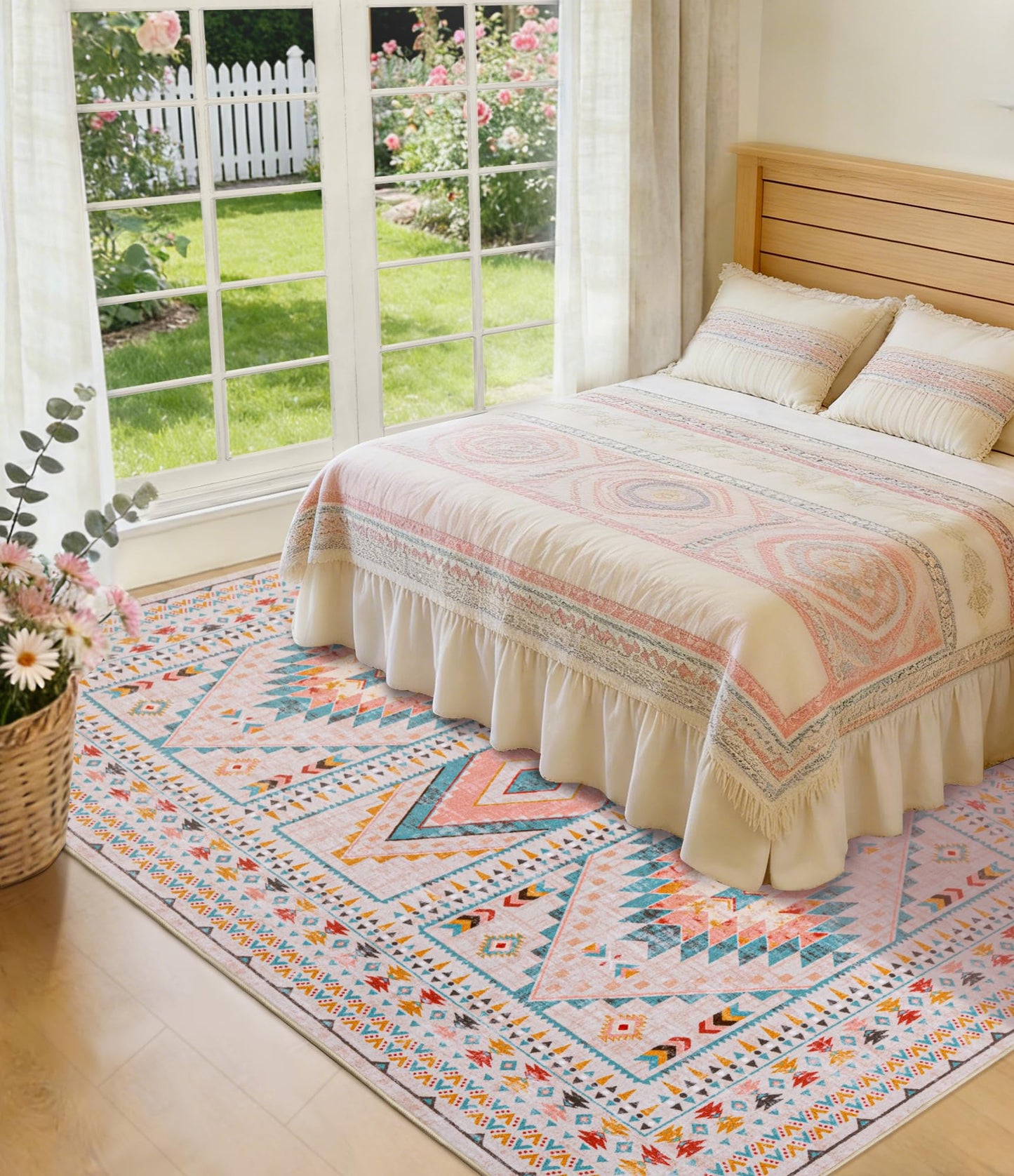 YIHOUSE Boho Living Room Area Rug 5'x7', Pink/Blue
