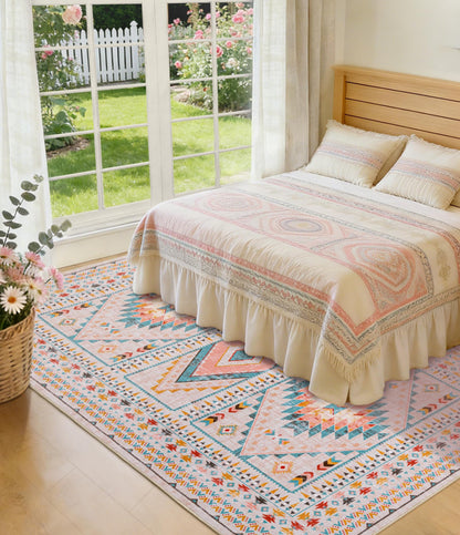 YIHOUSE Boho Living Room Area Rug 5'x7', Pink/Blue