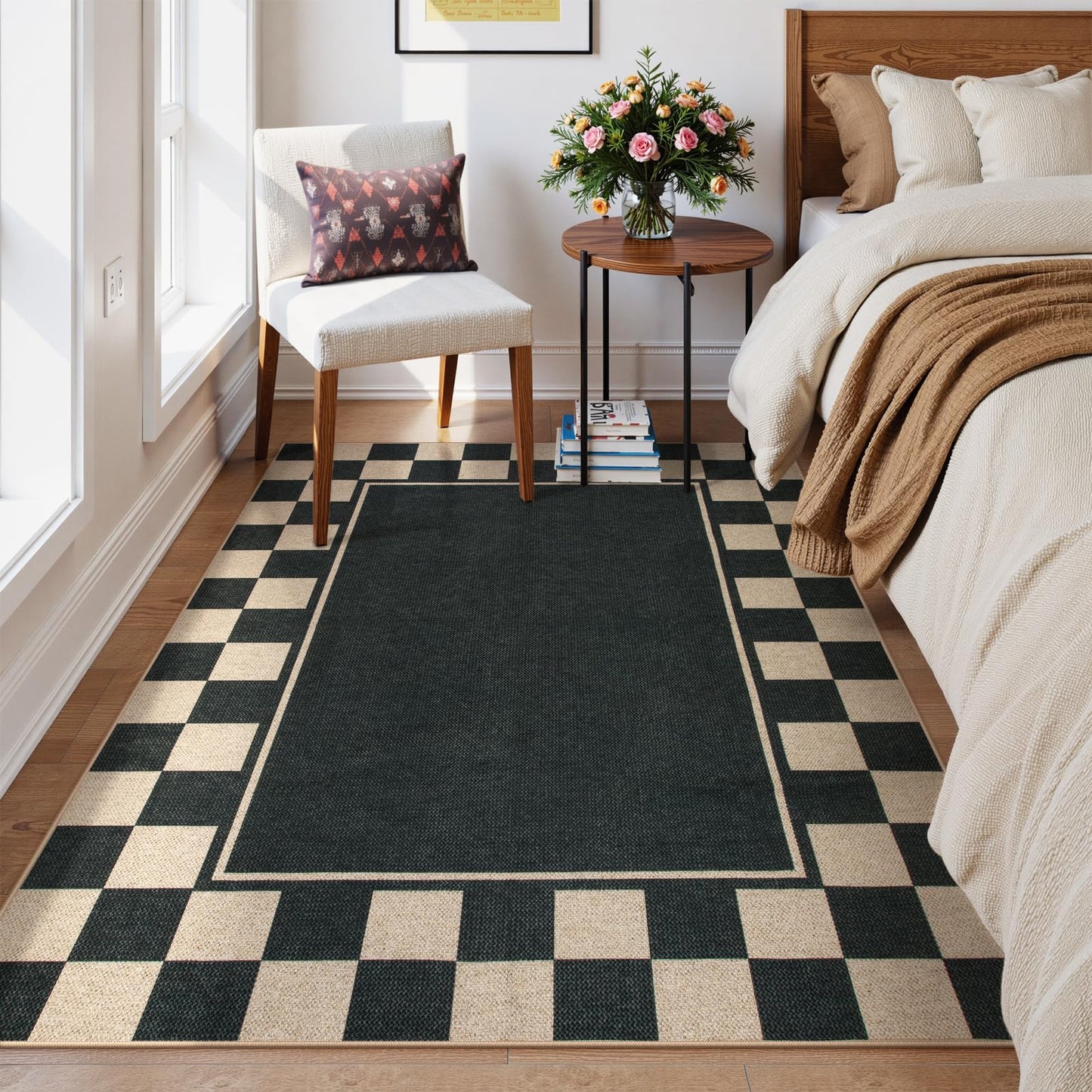 Moynesa Checkered Easy Jute 5x7 Area Rugs for Living Room, Washable Outdoor Patio Rug for Backyard Porches Non Slip, Black Farmhouse Carpet for Dining Room Balcony