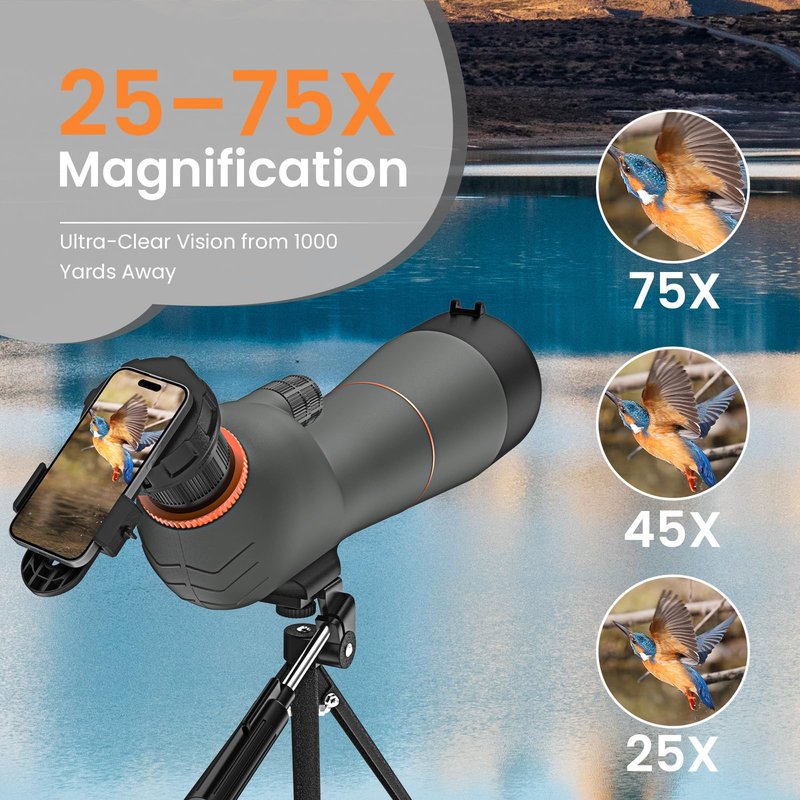 Three Triping Spotting Scope 25-75×85 - Dual Focusing Spotter Scope, with Tripod & Phone Adapter, Ideal for Bird Watching & Wildlife Observing