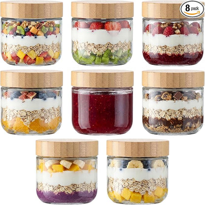 Vtopmart 8 Pack 10oz Glass Overnight Oats Containers with Bamboo Lids, Portable Wide Mouth Glass Jars Leak Proof, Reusable Food Storage Containers for Meal Prep, Jam, Sauce, Salad Dressing, and Snacks