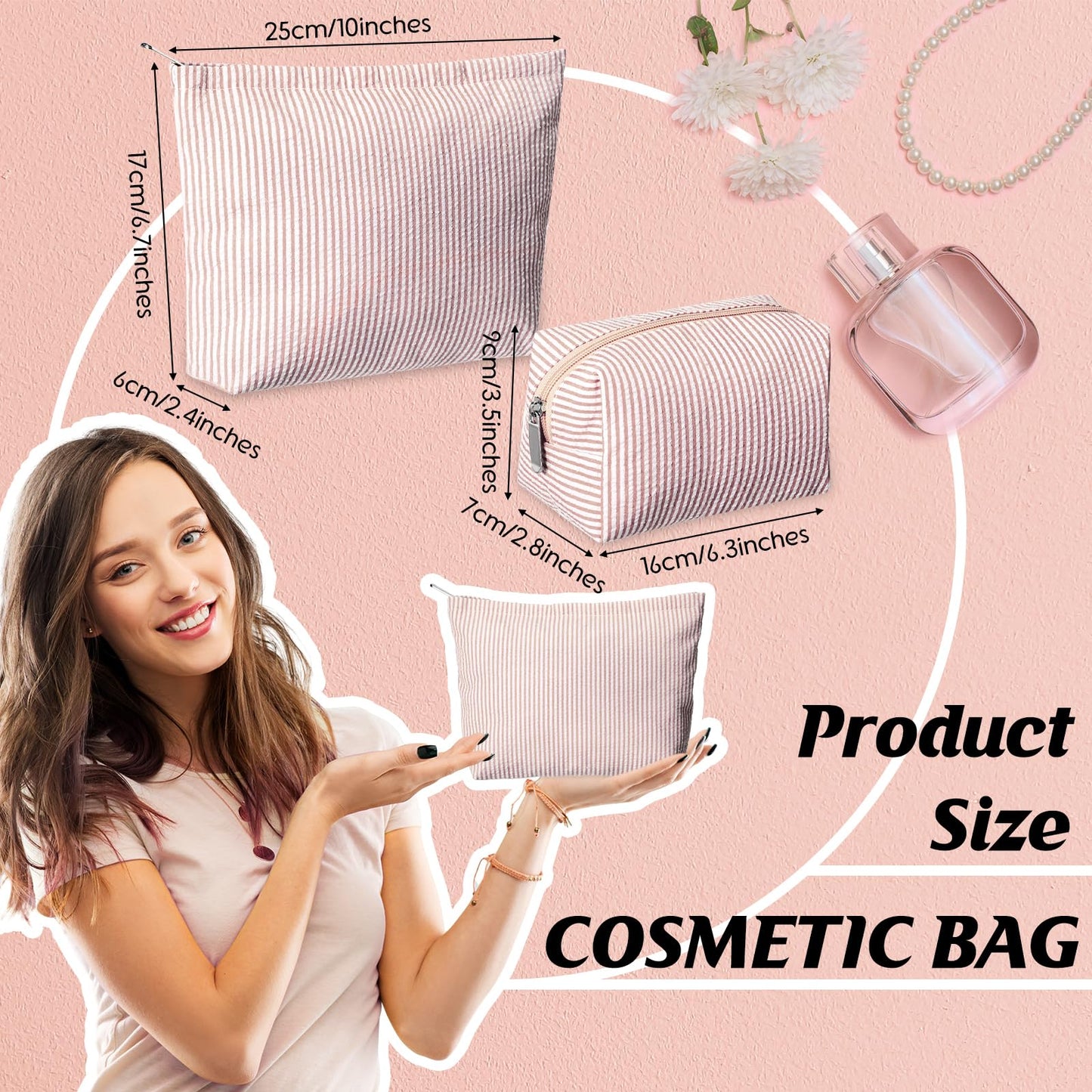 Huhumy 2 Pcs Makeup Bag Set Cute Cosmetic Pouch for Women Seersucker Travel Toiletry Bag Preppy Small Makeup Purse Pouch Aesthetic Skincare Brushes Storage Organizer for Valentine Women(Khaki)