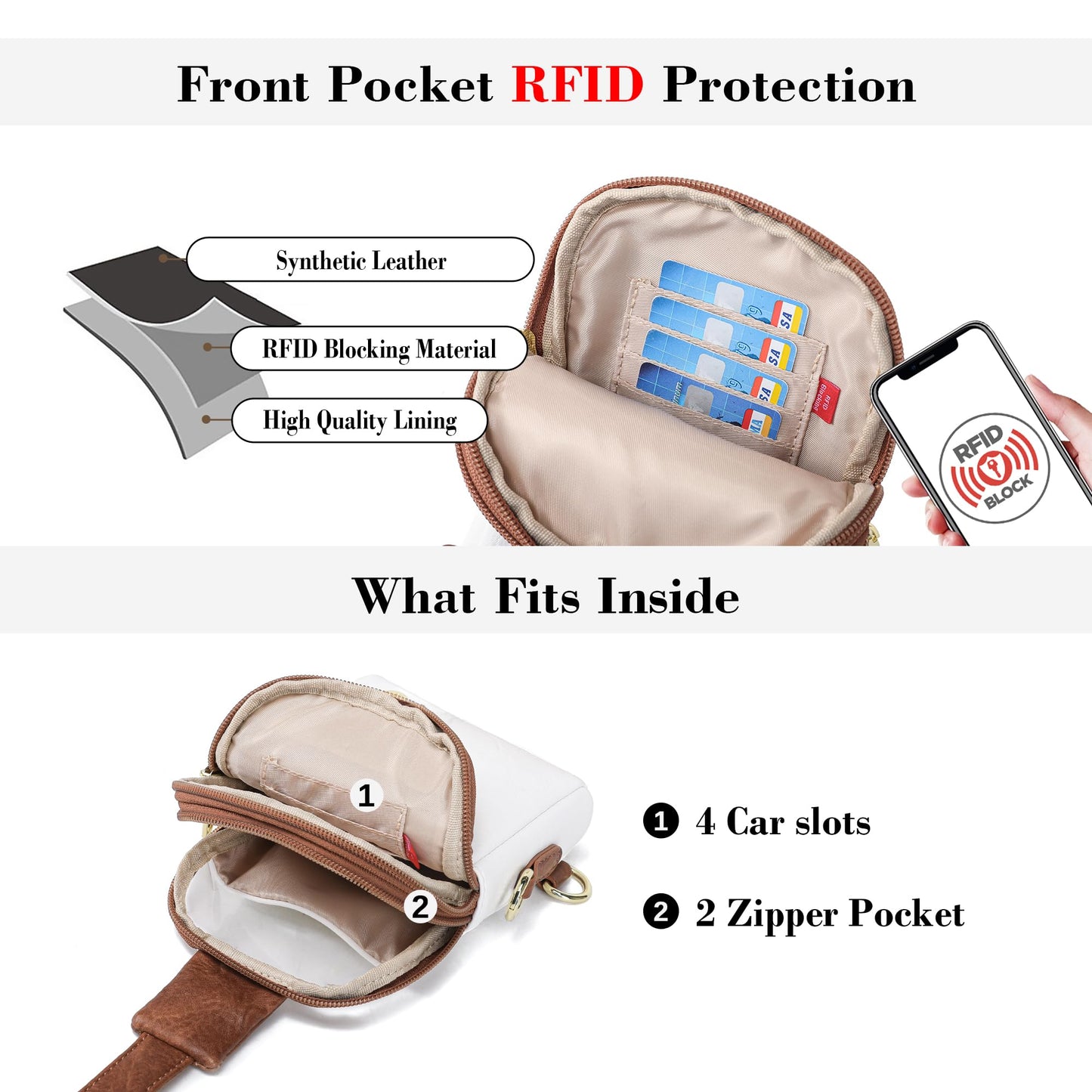 INICAT Sling Bag for Women Touchscreen Small Crossbody Cell Phone Purse Fanny Pack (White Brown Anti Theft)