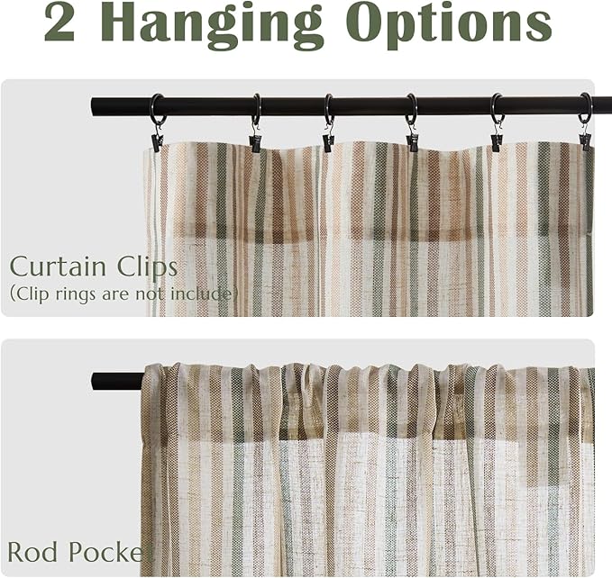 jinchan Colorful Striped Linen Kitchen Curtains 36 Inch Christmas Tier Curtains Farmhouse Modern Cafe Small Window Treatments Light Filtering Rod Pocket for Living Room Bathroom 2 Panels Multi Green