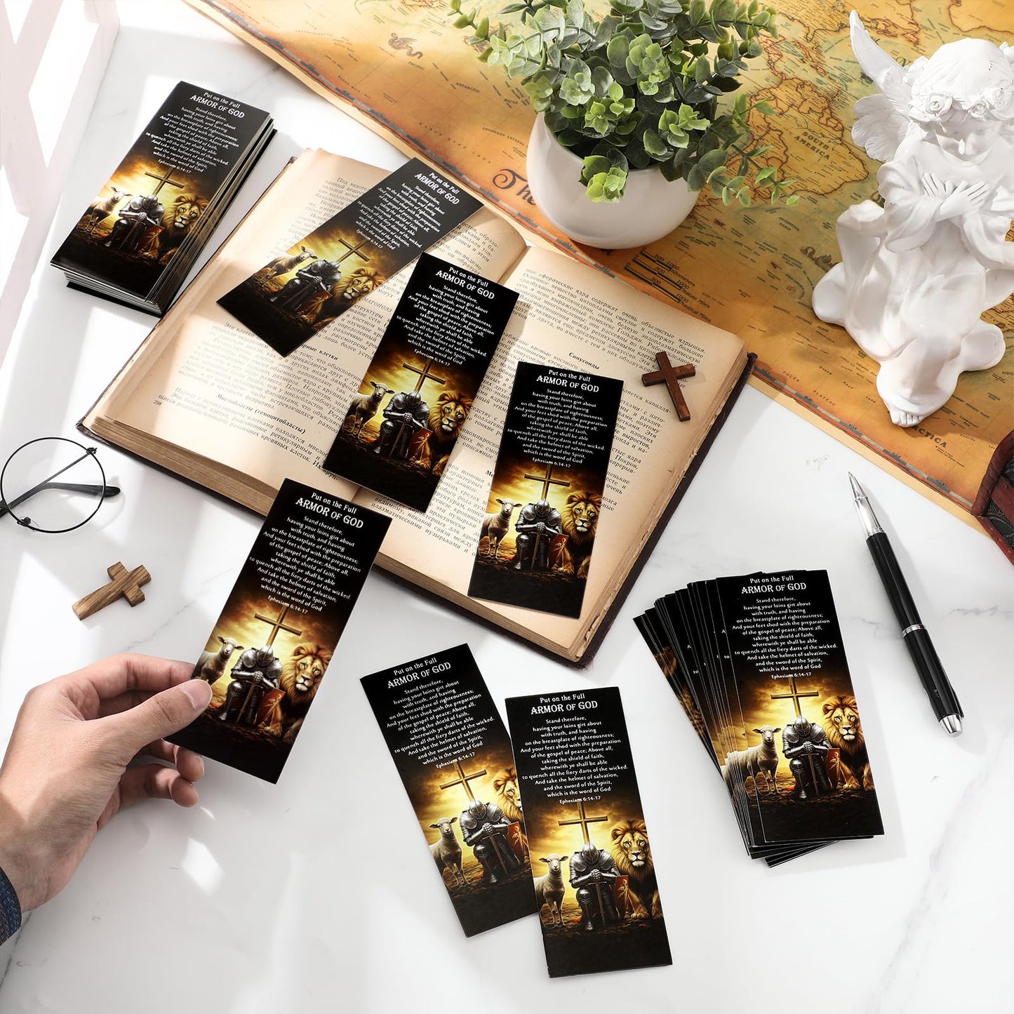 Dunzoom 200 Pcs Armor of God Bookmarks Fathers Day Christian Gifts for Men Bible Verse Bookmarks Bulk Pastor Clergy Appreciation Gifts for Sunday School Class Student (Yellow Black)
