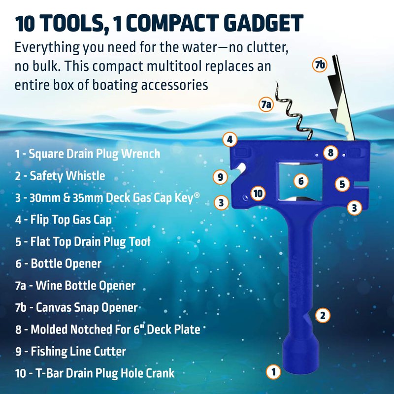Boat Gadget 10-in-1 Boat Tool, Blue - Must-Have Boat Accessory with Gas Cap Key, Fishing Line Cutter, Bottle Opener, Whistle & More - Smart Addition to Any Boat Tool Kit for Fishing, Boating & Fun