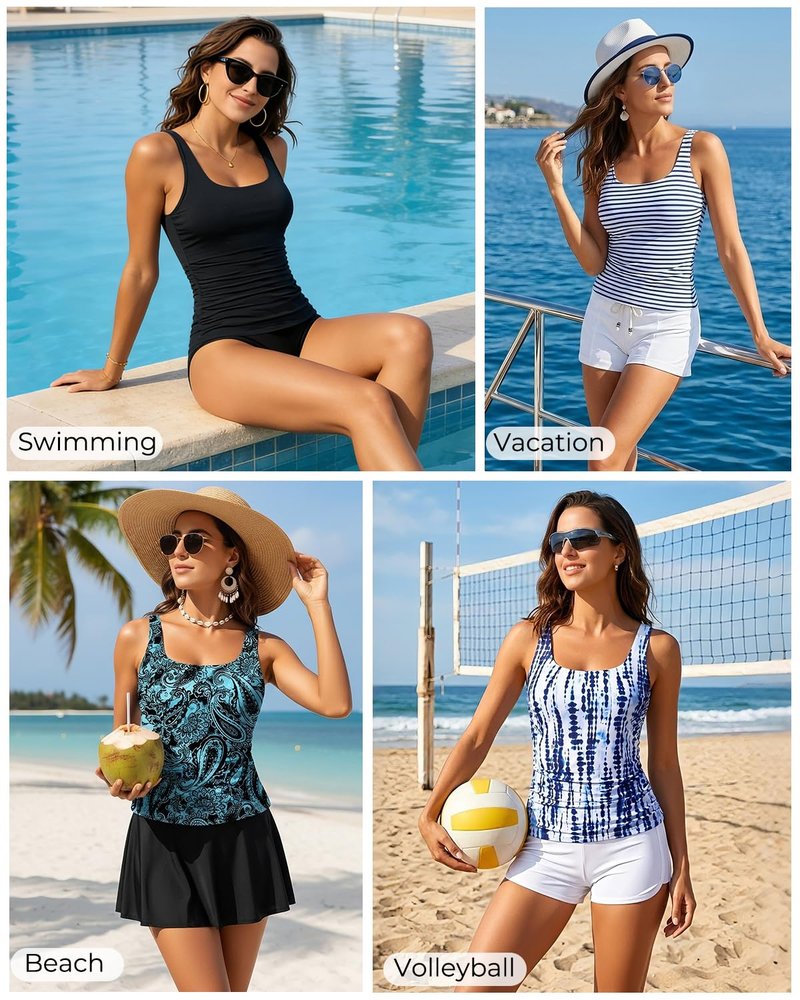 Aqua Eve Tankini Tops for Women Swimwear Top Only Tummy Control Bathing Suit Top No Bottom (Available in Plus) Color Striped M