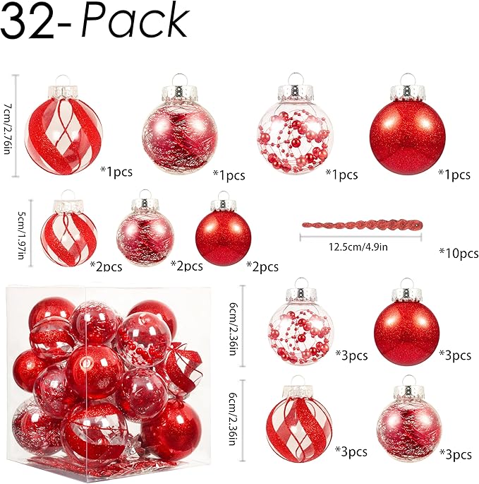 XmasExp 32ct Christmas Ball Ornaments Set -Red Clear Plastic Shatterproof Xmas Tree Ball Decorations Hanging Baubles for Holiday Decor