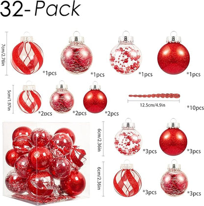 XmasExp 32ct Christmas Ball Ornaments Set -Red Clear Plastic Shatterproof Xmas Tree Ball Decorations Hanging Baubles for Holiday Decor