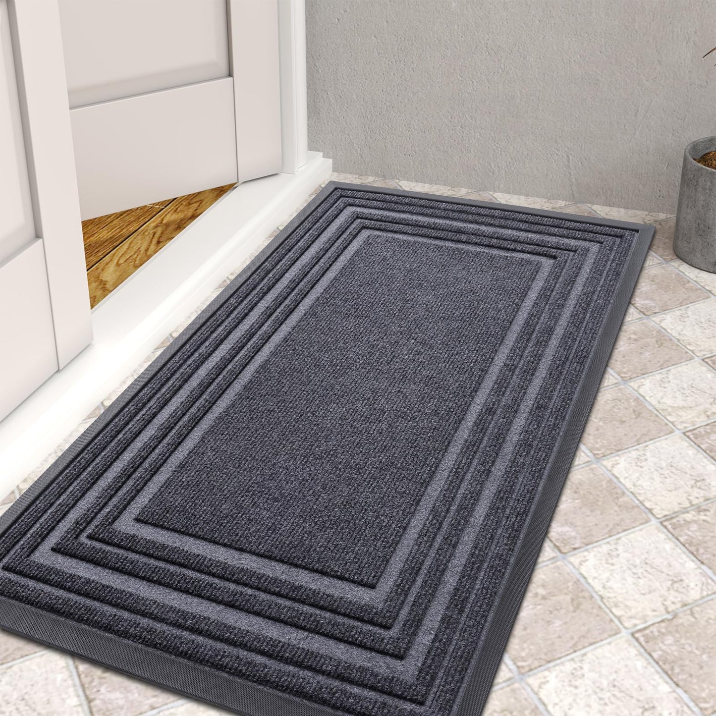 Buganda Front Door Mat Indoor Outdoor Entrance, Non-Slip Natural Rubber Doormats, Easy Clean, Low Profile, Dirt Trapper Entryway Floor Mats for Outside, Garages and Patios, 47x32, Grey