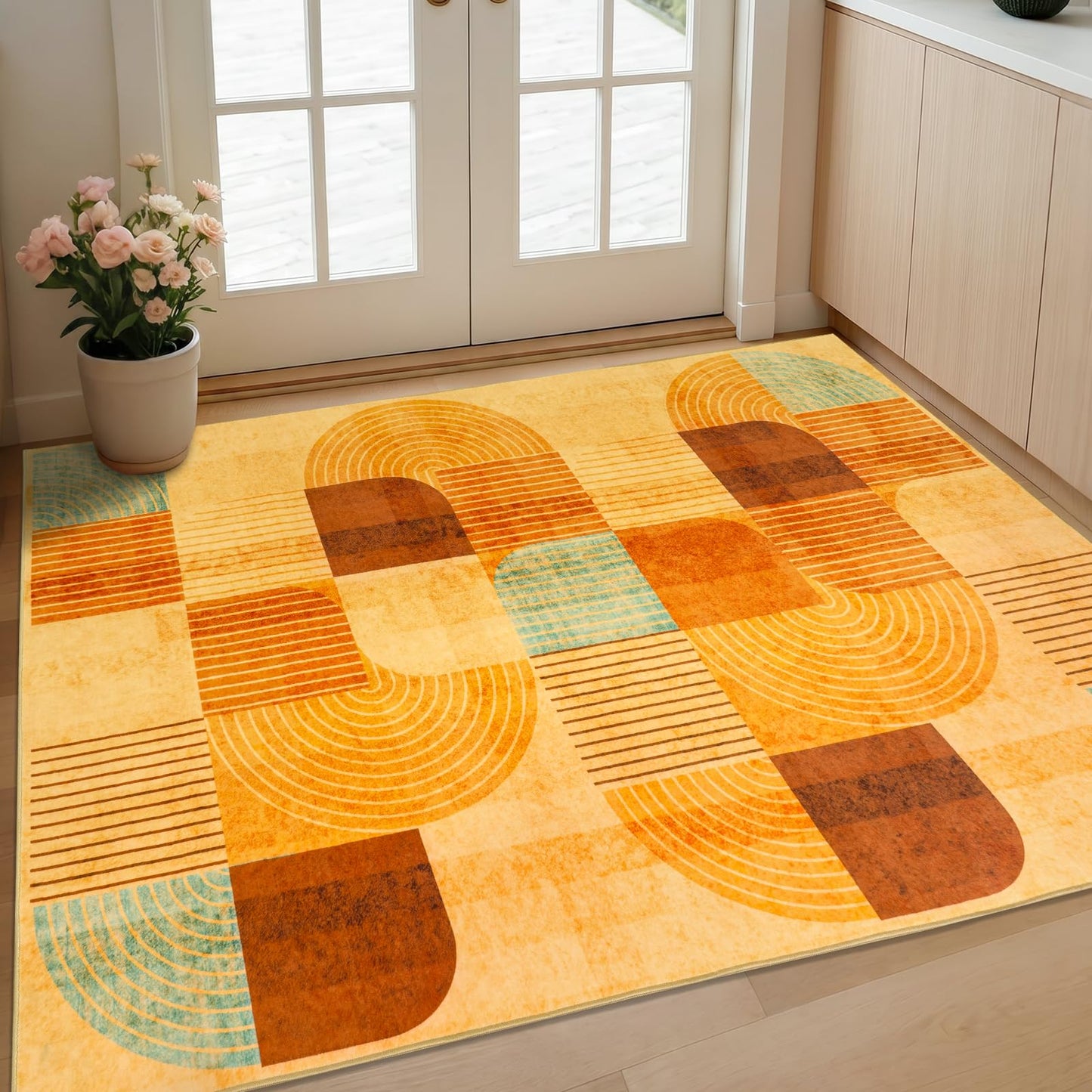 Ailyei Large 3x5 Entryway Rug Indoor, Soft Non Slip Washable Modern Geometric Kitchen Rugs, Low-Pile Boho Floor Mat for Entrance, Bedroom, Living Room, Bathroom (Orange, 3x5 ft)