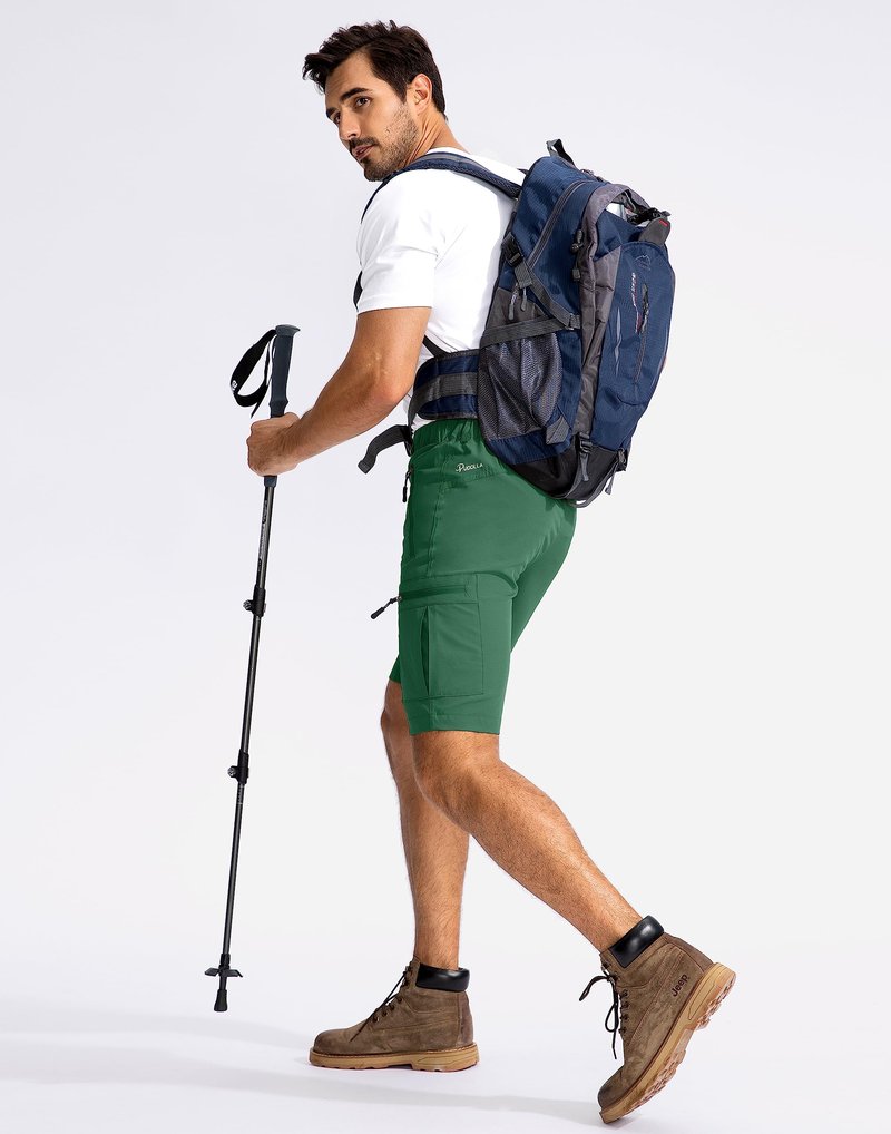 Pudolla Men's Hiking Cargo Shorts 9" Lightweight Outdoor Work Shorts for Men Travel Golf Camping Casual with 5 Zipper Pockets(Green Large)