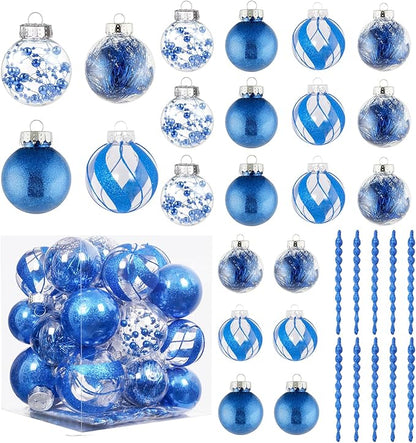 XmasExp 32ct Christmas Ball Ornaments Set -Blue Clear Plastic Shatterproof Xmas Tree Ball Decorations Hanging Baubles for Holiday Decor