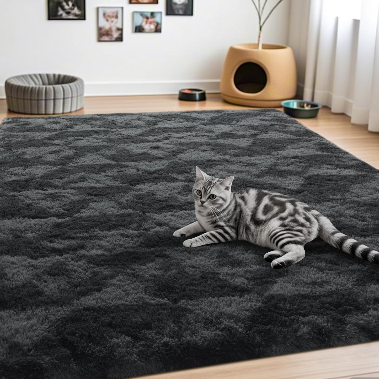 ISEAU 4x6 Area Rug for Living Room, Dark Grey Geometric Pattern Plush Rug for Bedroom, Kitchen, Soft Shaggy Carpets, Fluffy and Machine Washable Mats, Nursery Floors Mat, Boys Room Carpet Decor