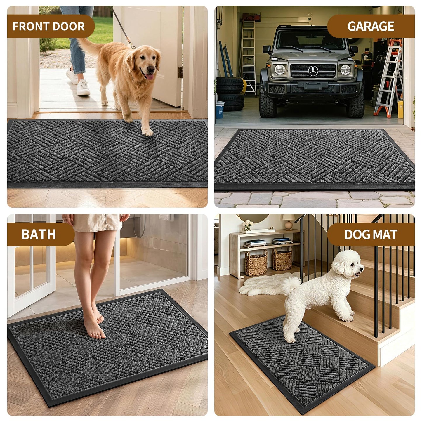 WELDUN Front Door Mat, Heavy Duty Waterproof Rubber Doormat for Indoor Outdoor, Non-Slip Low Profile Dirt Trapper Absorbent Mat for Entryway, Stain Fade Resistant Easy Clean 29.5"x17", Grey