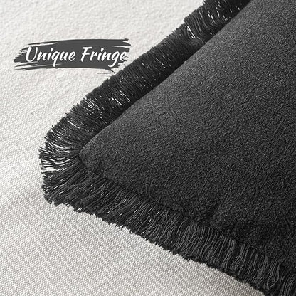 MIULEE Decorative Throw Pillow Covers Neutral Linen Fringe Throw Pillows Euro Shams Set of 2 Black Boho Farmhouse Cushion Covers for Couch Sofa Bed Living Room Spring Home Decor 24x24 Inch