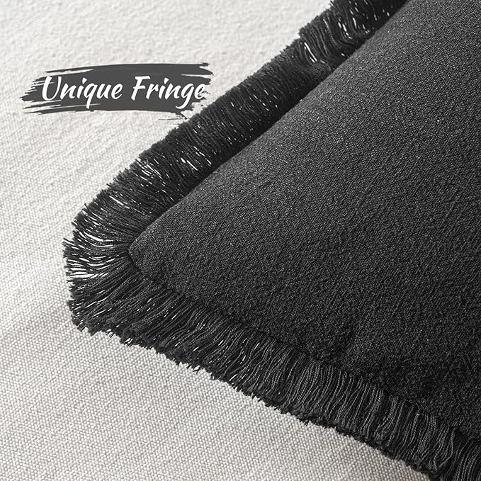 MIULEE Decorative Lumbar Throw Pillow Covers Neutral Linen Fringe Throw Pillows Set of 2 Black Boho Farmhouse Cushion Covers with Tassels for Couch Sofa Bed Living Room Spring Home Decor 12x20 Inch